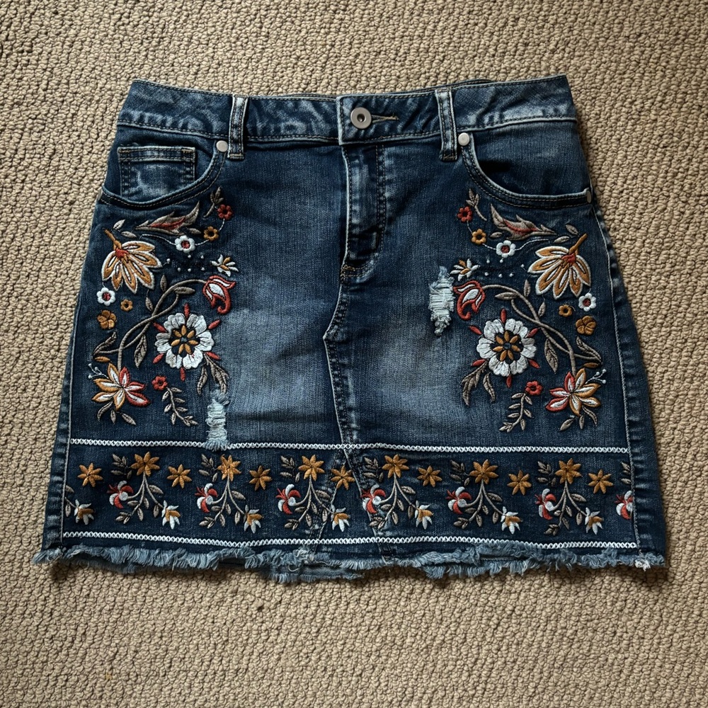 Altar’d State Floral Embroidered Distressed Jean Skirt